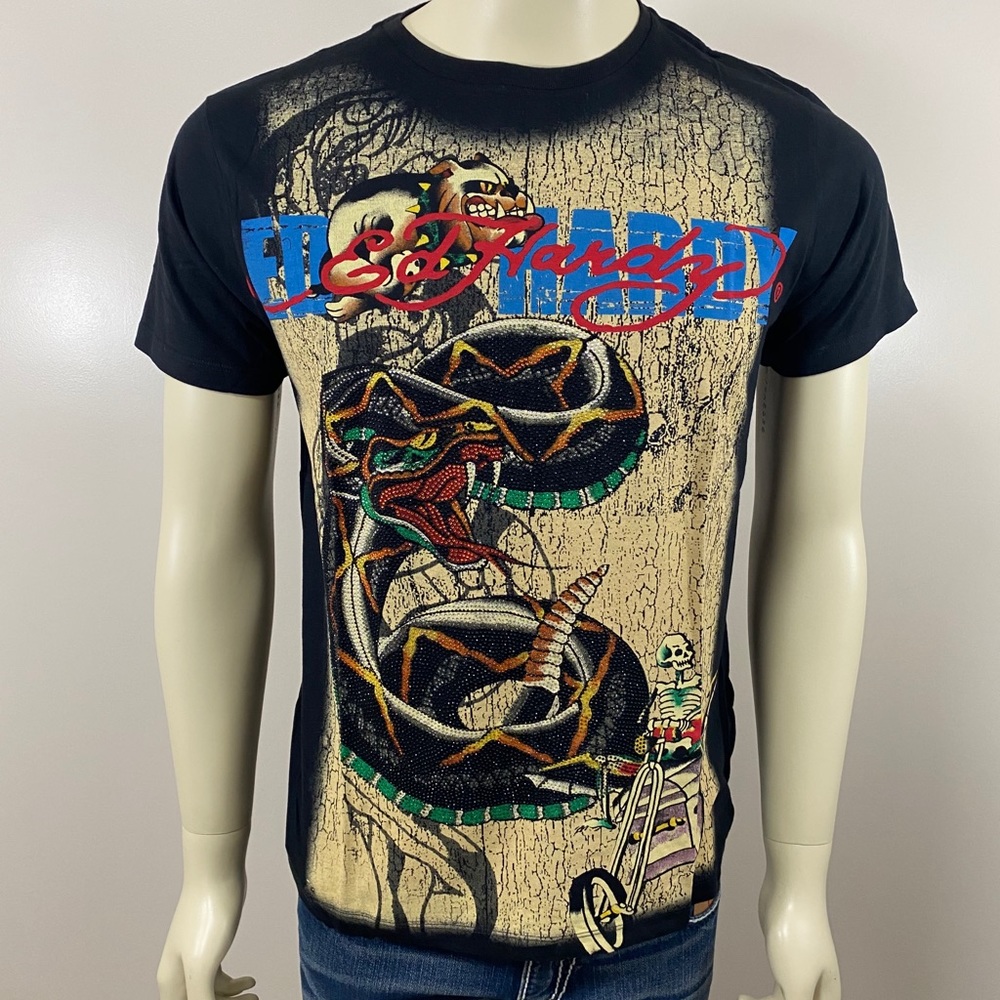 Ed Hardy Men Black Rattlesnake Rhinestone Shirt